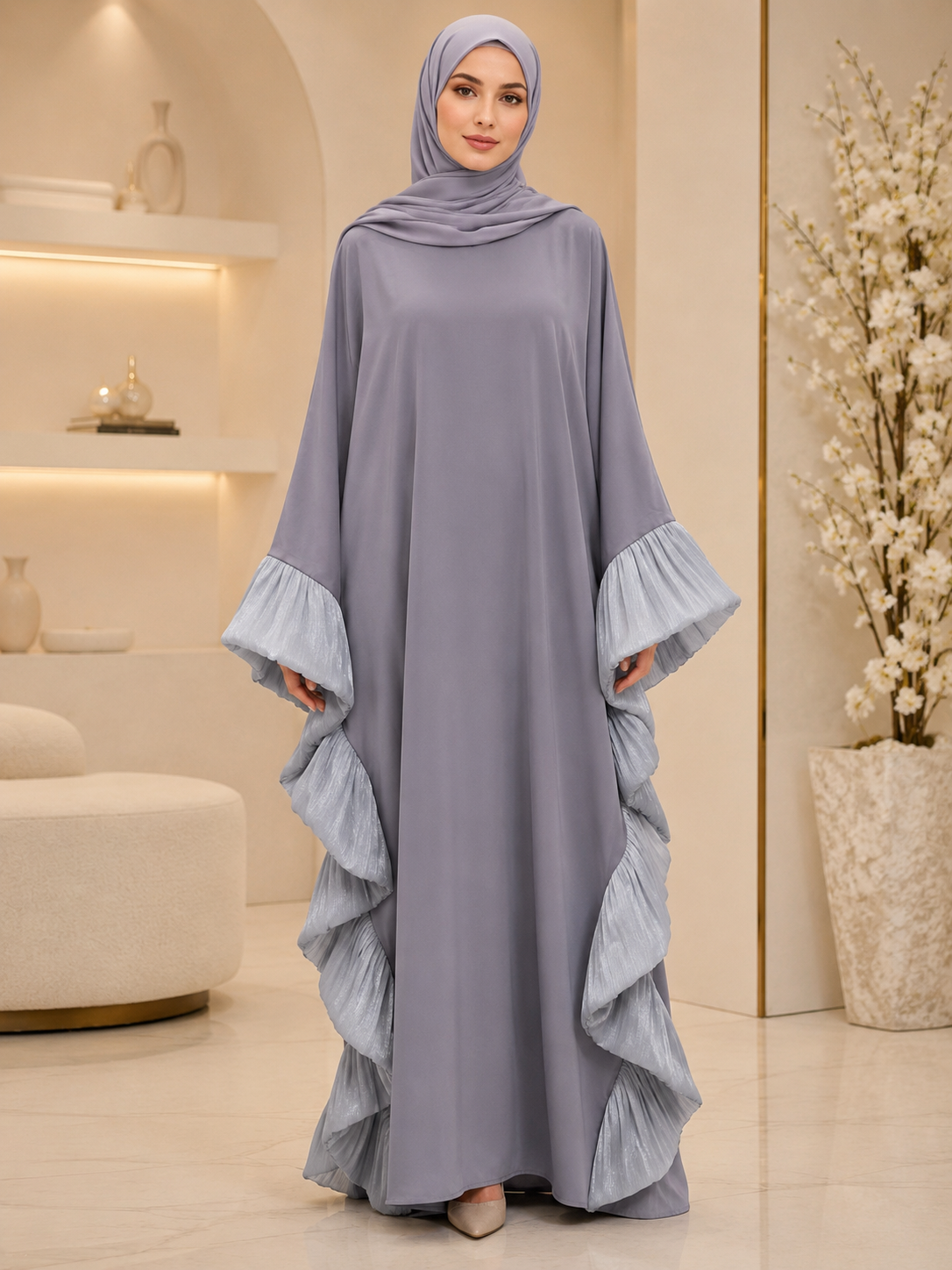 Grey Butterfly Ruffle Abaya