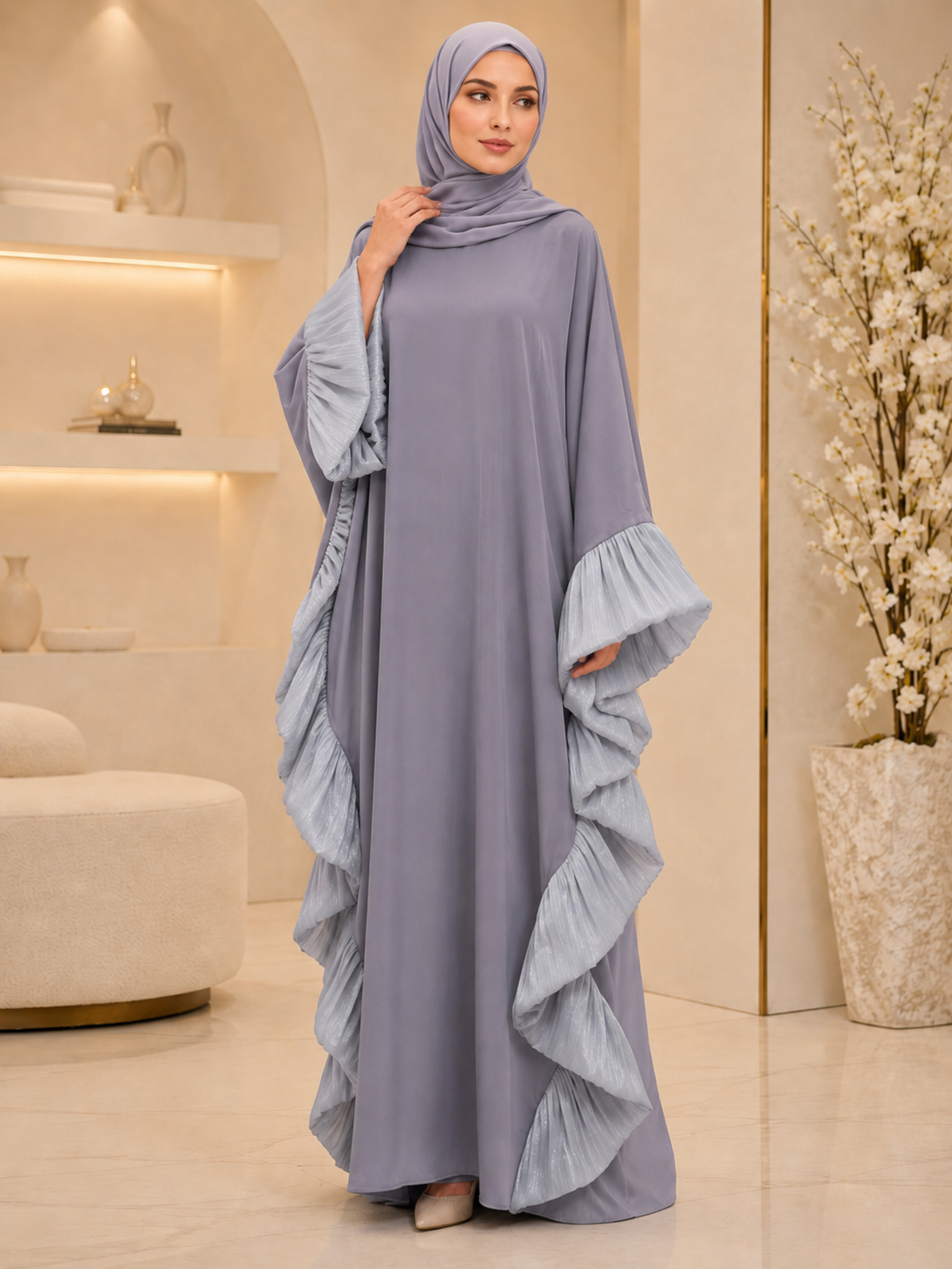 Grey Butterfly Ruffle Abaya