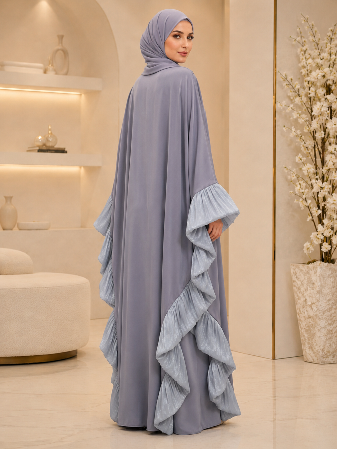 Grey Butterfly Ruffle Abaya