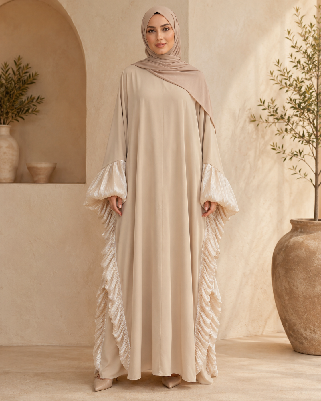 Beige Butterfly Ruffle Abaya