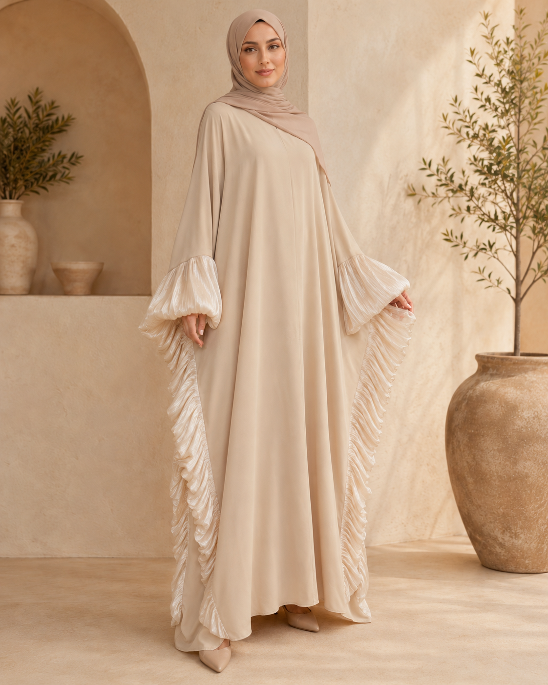 Beige Butterfly Ruffle Abaya