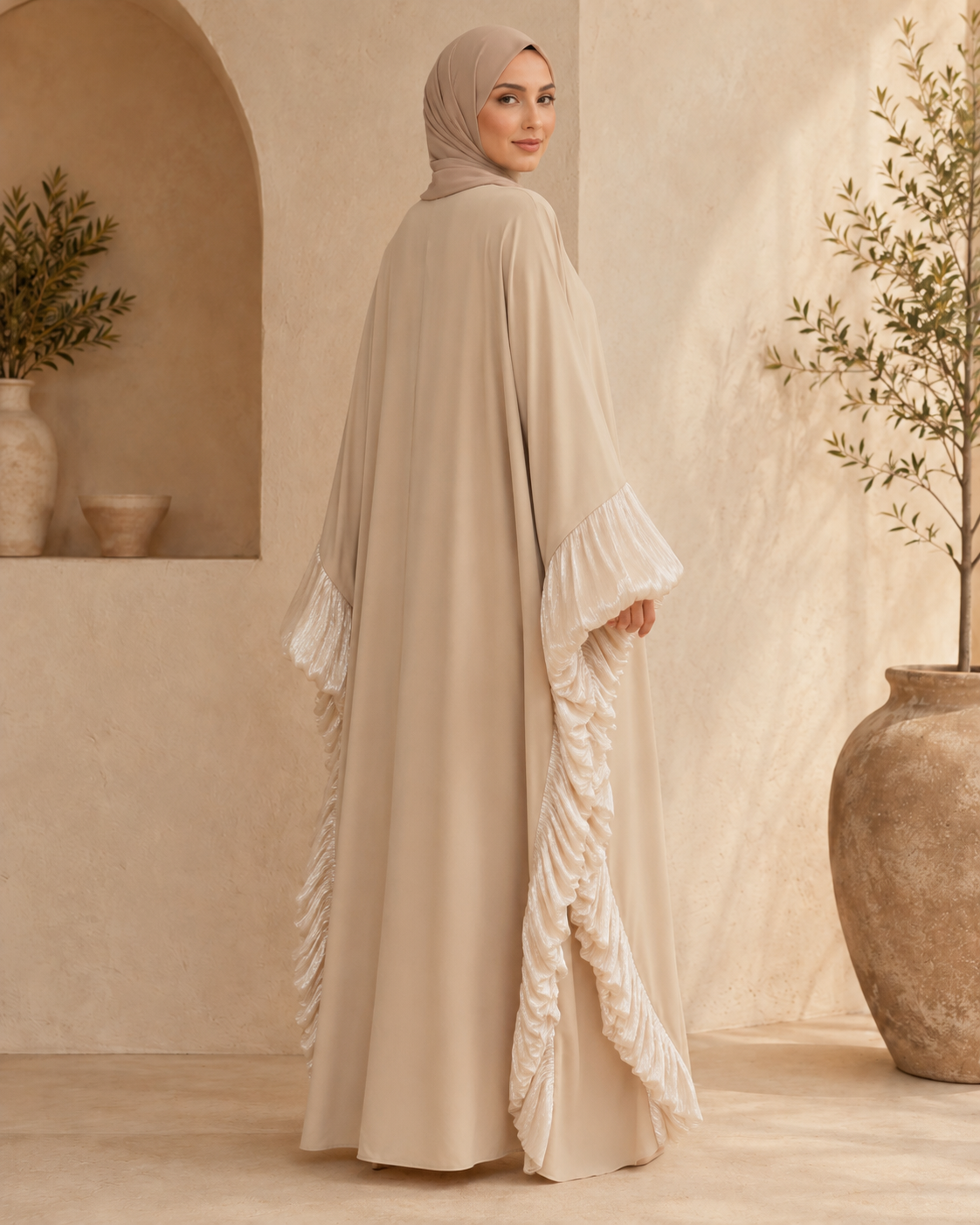 Beige Butterfly Ruffle Abaya
